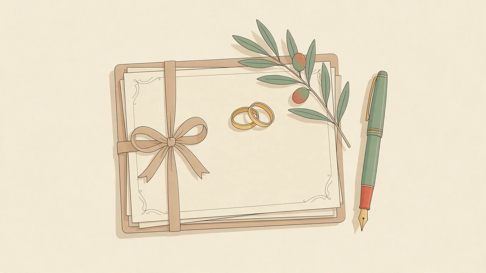 Ilustración plana de una carpeta de documentos atada con una cinta, dos alianzas sobre la primera hoja, una pluma estilográfica y una rama de olivo