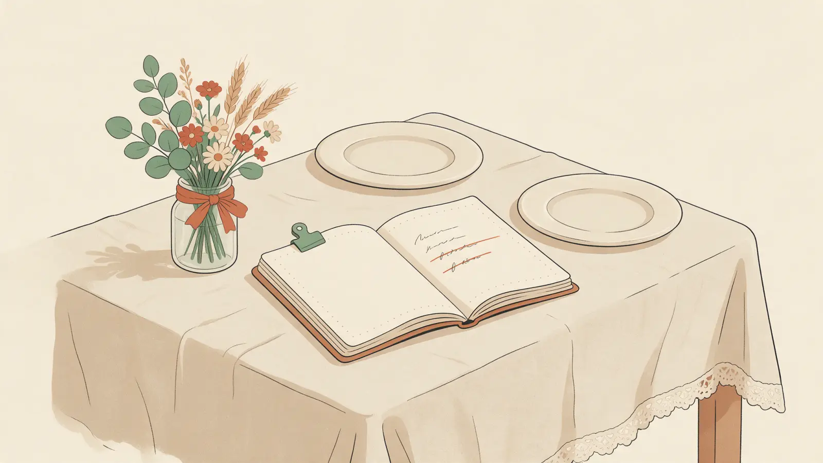 Ilustración de una mesa de boda sencilla con un mantel claro, un ramo pequeño y una libreta de presupuesto con varias cifras tachadas