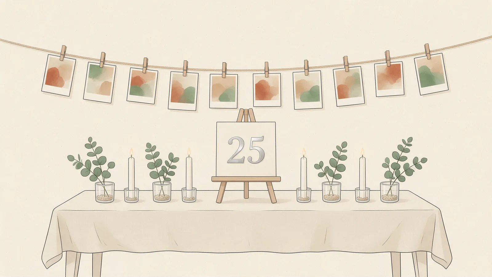 Ilustración de una mesa larga de celebración con un cartel con el número 25, velas blancas y una hilera de fotos colgadas detrás