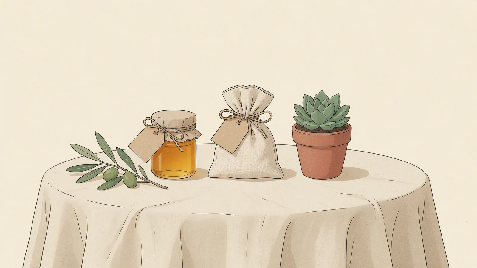 Ilustración de tres detalles de boda pequeños alineados sobre una mesa, cada uno con una etiqueta de papel kraft colgando