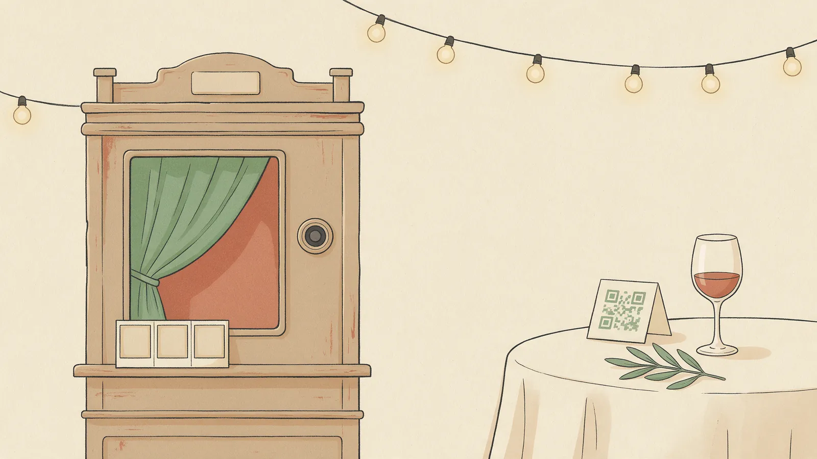 Ilustración plana de un rincón de banquete con un fotomatón de madera de cortina verde a un lado y, al otro, una mesa con una tarjeta con código QR, una copa y una rama de olivo, bajo una guirnalda de bombillas