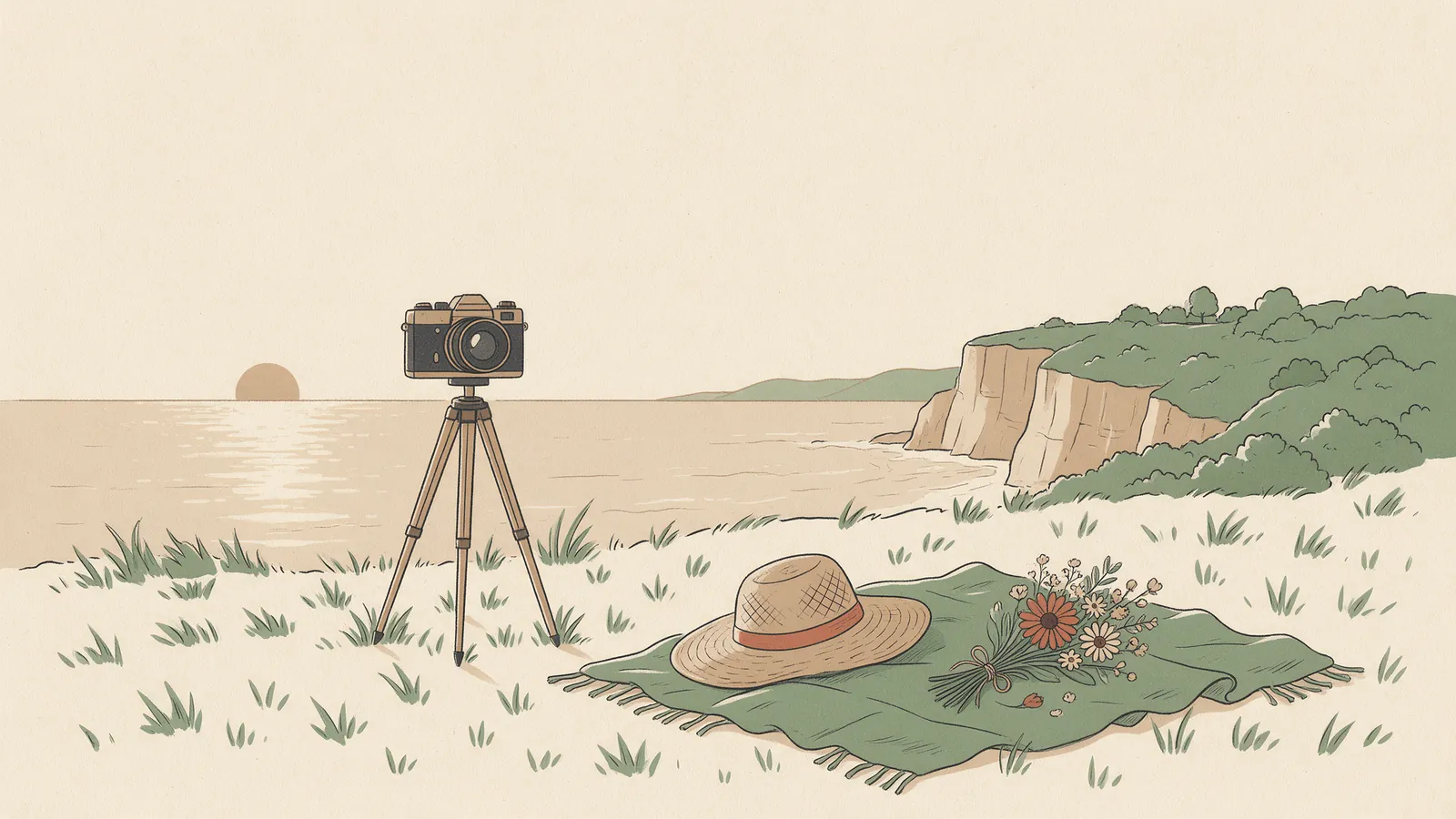 Ilustración de una sesión de fotos de preboda: una cámara sobre un trípode frente a un acantilado al atardecer, con una manta extendida, un sombrero de paja y un ramo pequeño en primer plano
