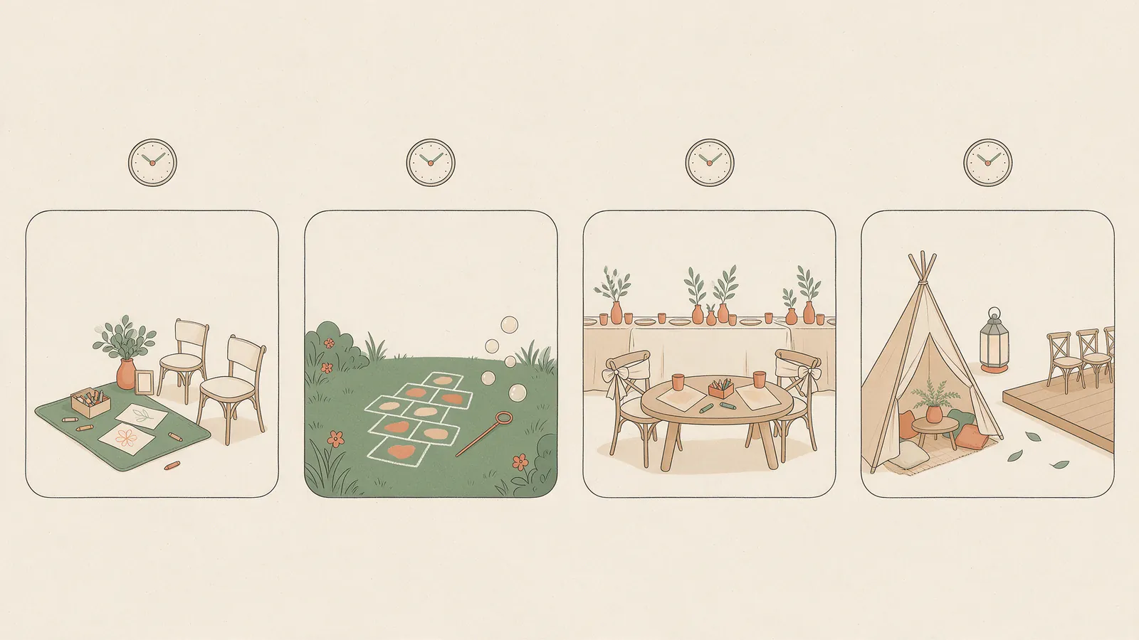Ilustración de una boda dividida en cuatro tramos horarios con un rincón de niños en cada uno: la espera de la ceremonia, el cóctel, el banquete y la pista de baile