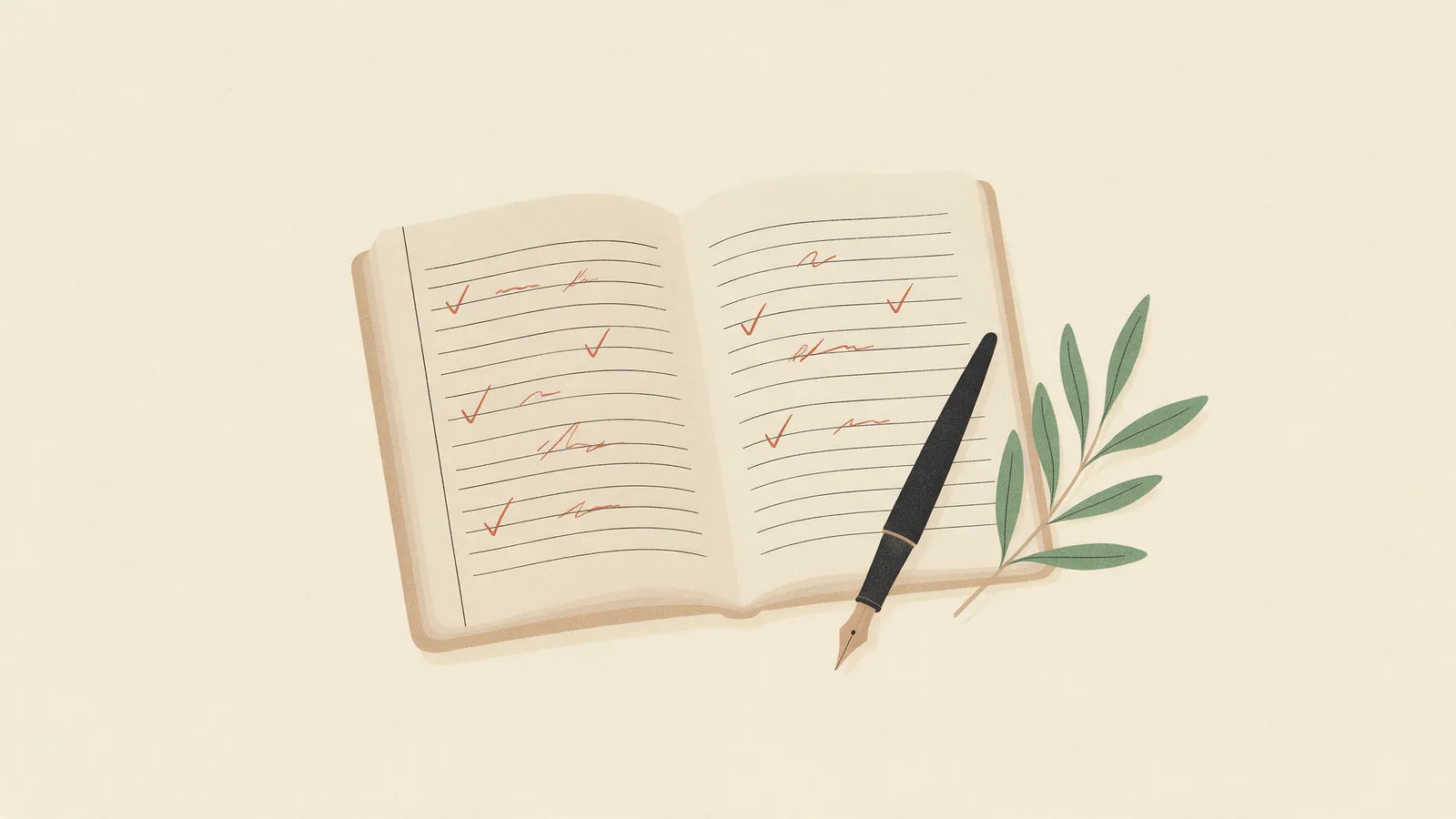 Ilustración plana de una libreta abierta con líneas marcadas con pequeños ticks, una pluma estilográfica y una ramita de olivo