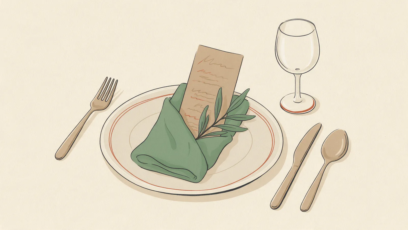 Ilustración plana de un plato de boda con una servilleta verde doblada y una minuta de papel encajada en ella con una ramita de olivo, junto a los cubiertos y una copa