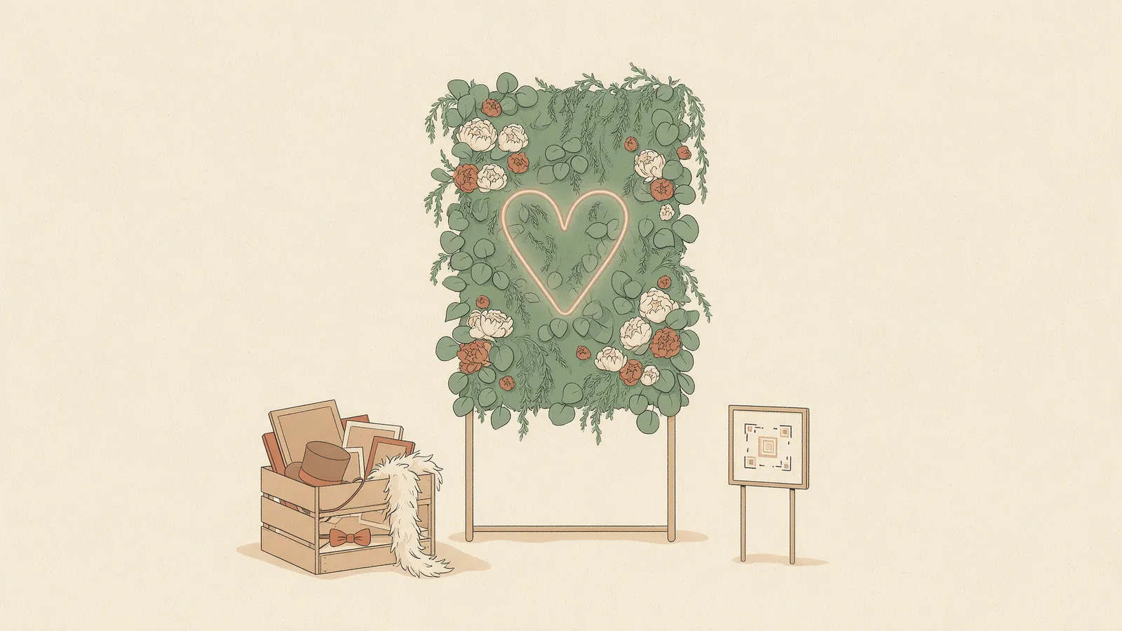 Ilustración de un photocall de boda: un panel vertical de flores y hojas con un corazón de neón, una caja de atrezzo a un lado y un cartel con código QR