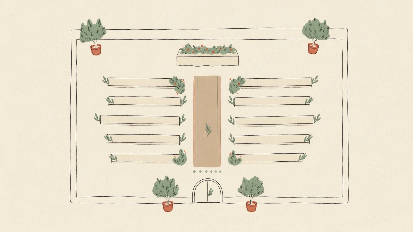Ilustración de una nave de ceremonia vista desde arriba, con el orden de entrada marcado junto a la puerta, los bancos a un lado y otro y la mesa presidencial al fondo