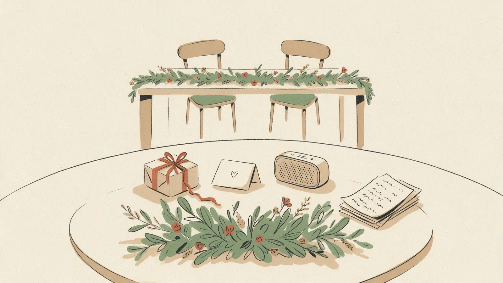 Ilustración de una sorpresa para los novios preparada en la mesa de los invitados: una caja de regalo, una nota doblada, un altavoz y unas hojas de canciones, con la mesa de los novios al fondo